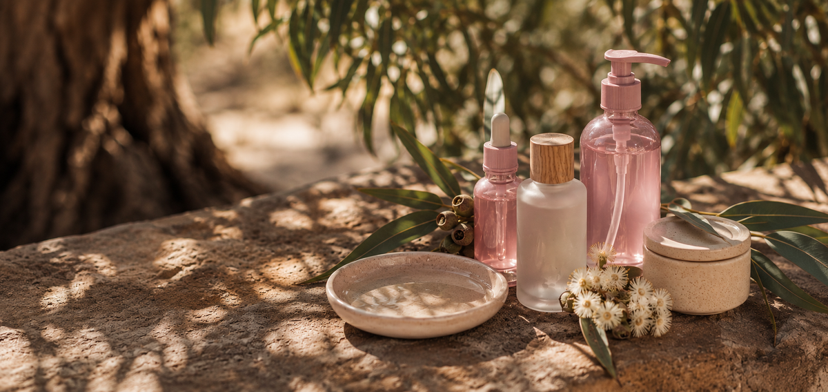 Australian skincare bottles on sandstone beneath eucalyptus, in dappled morning light
