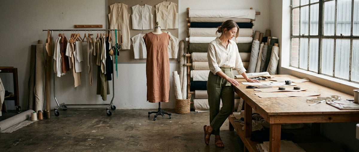 Australian fashion designer at her cutting table in a light-filled studio