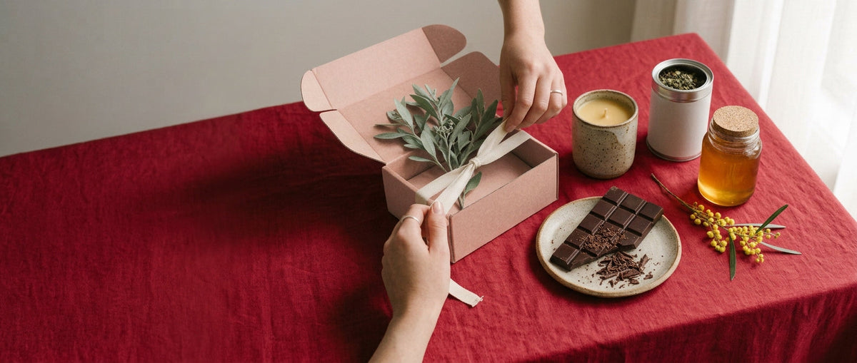 Hands tying a ribbon on an Australian gift box beside chocolate, candle, tea and honey