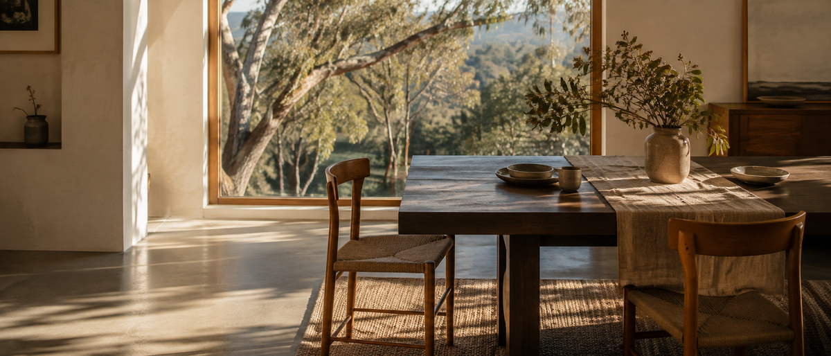 Timber dining table with Australian ceramics in a sunlit room overlooking gum trees