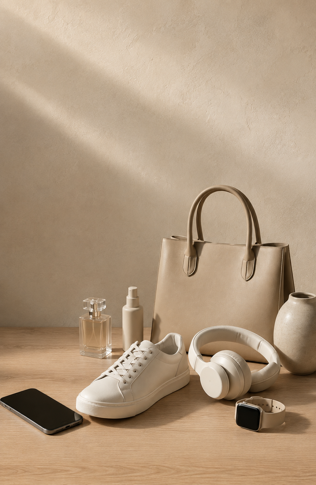 Laptop, sneaker, handbag, headphones and ceramics arranged on a timber bench in warm light
