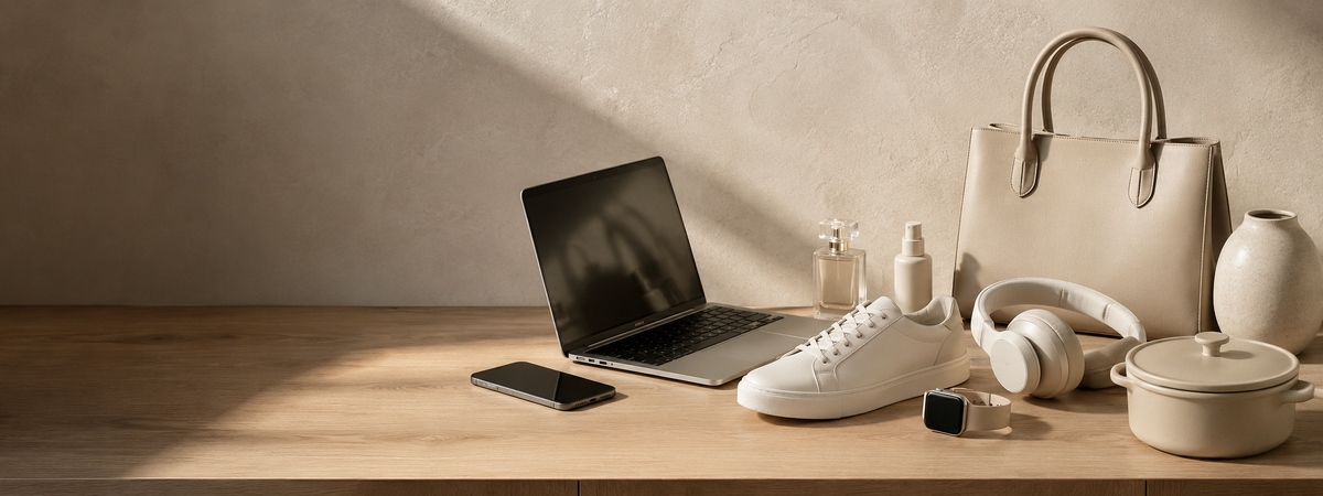 Laptop, sneaker, handbag, headphones and ceramics arranged on a timber bench in warm light