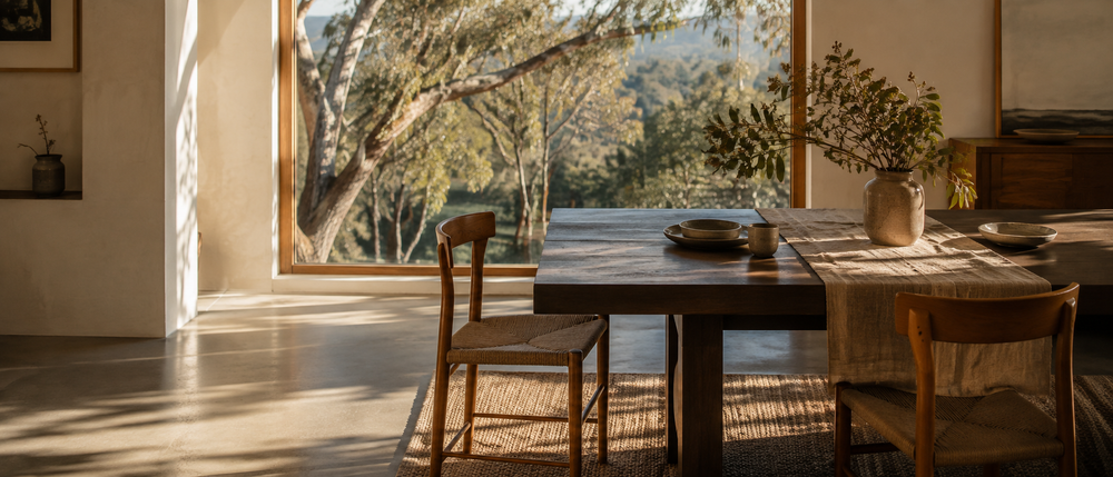Timber dining table with Australian ceramics in a sunlit room overlooking gum trees